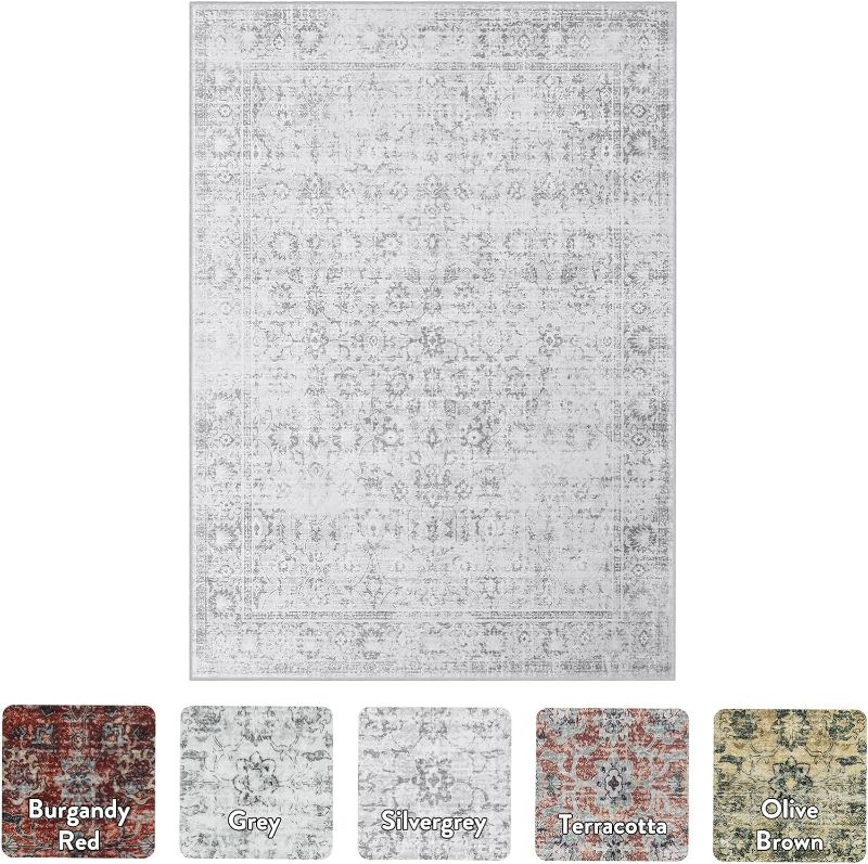 Photo 3 of (READ FULL POST) LIVEBOX Washable Area Rug 8x10 Large Boho Living Room Rug Vintage Grey Rug for Bedroom, Non-Slip Retro Floral Carpet Print Distressed Accent Rug for Dining Room Guest Room Office 8' x 10' Silvergray