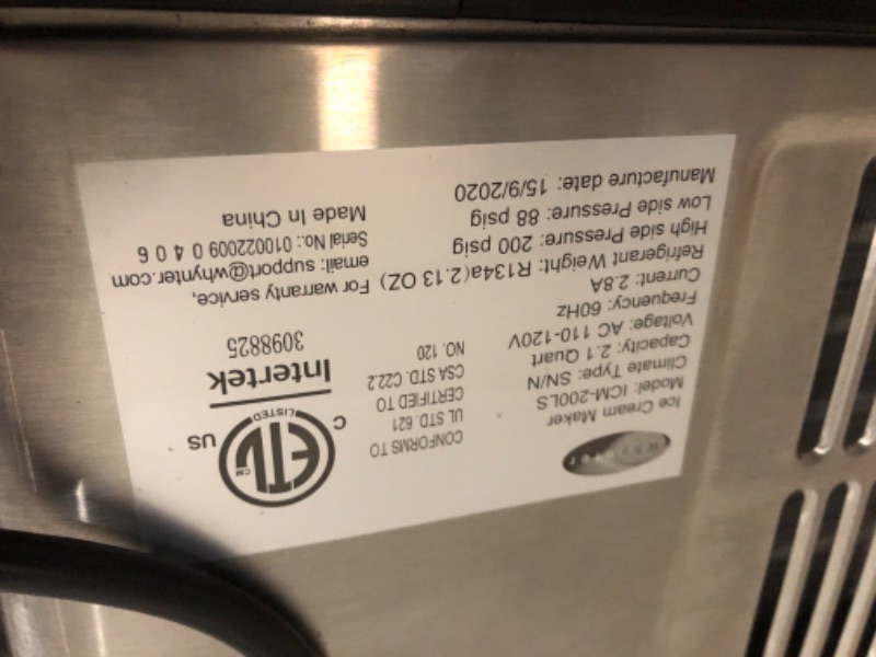 Photo 6 of ***NONREFUNDABLE - NOT FUNCTIONAL - FOR PARTS ONLY - SEE COMMENTS***
Whynter ICM-200LS Upright Automatic Ice Cream Maker 2.1 Quart Capacity with Built-in Compressor, No Pre-Freezing, LCD Digital Display, Timer, Stainless Steel Stainless Steel- Ice Cream M