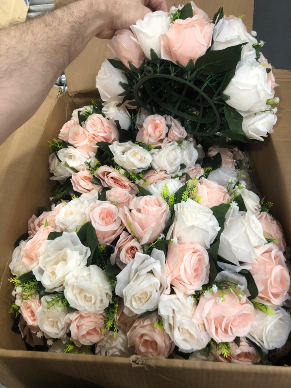 Photo 1 of NUPTIO Large Artificial Flower Centerpieces - 10 Pcs 13.8in Diameter Pink & Creamy White Fake Flowers Roses Balls - Silk Faux Rose Arrangement for Tables Wedding Party Centerpiece Table Decorations 10 Pink & Creamy White