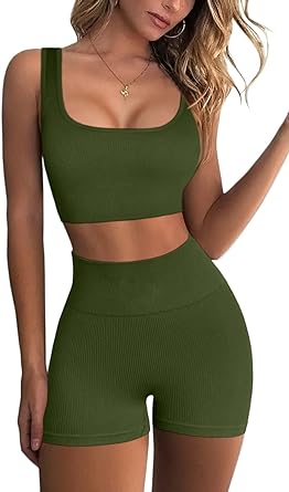 Photo 1 of QINSEN Ribbed Workout Outfits for Women 2 Piece Seamless Sport Bra High Waist Yoga Leggings Sets Med