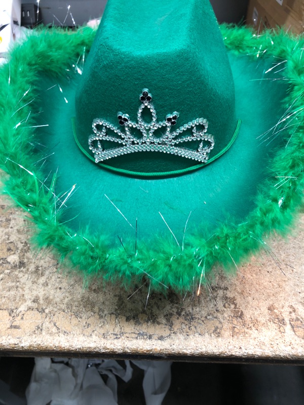 Photo 1 of Cowgirl Hat with Feather Trim - Blinking Tiara Cowboy Hats for Women - Felt Hats for Women for Cowboy Party, Cowgirl Party (Green)