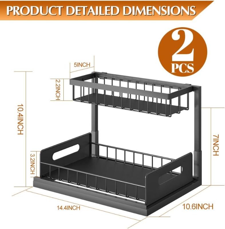 Photo 1 of 2 Pack Under Sink Organizers and Storage, Metal Slide Out Kitchen Cabinet Organizer with Sliding Drawer Pull Out Sink Shelf Cabinet Storage Shelves Multi-Use for Kitchen Bathroom Organization