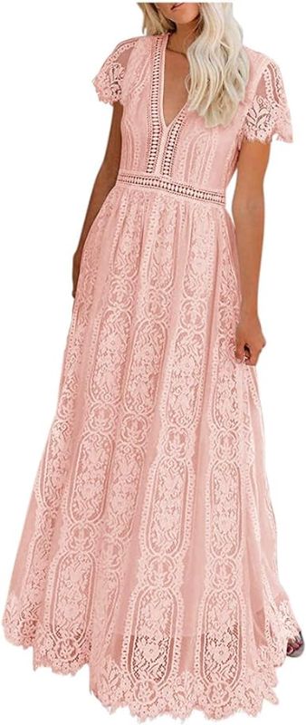 Photo 1 of PRETTYGARDEN Women's Floral Lace Maxi Dress 2023 Short Sleeve V Neck Bridesmaid Wedding Evening Party Dresses(Pink,XX-Large)