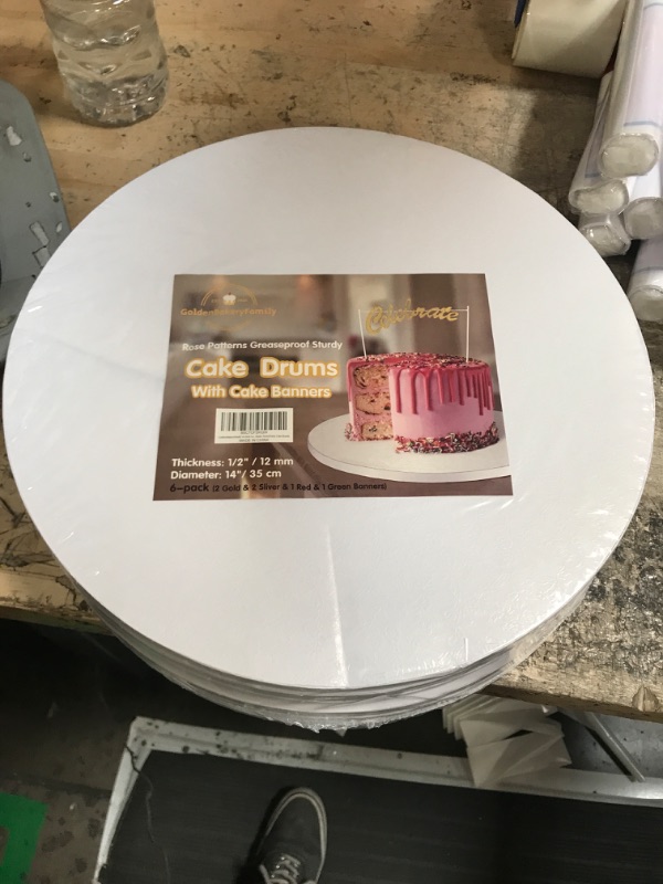 Photo 1 of 14 Inch Cake Drums with Banner Cake Topper-Cake Board Round White(6-Pack) 1/2 Inch Thick Cake Boards,Sturdy,Greaseproof for Birthday Wedding Multi-Tiered Party Cake Boards by GoldenBakeryFamily 14inch?6 Pack? White