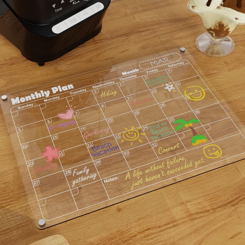 Photo 1 of LoengMax Clear Acrylic Magnetic Calendar for Fridge - Weekly, Reusable Planner with 8 Markers (8 Colors)