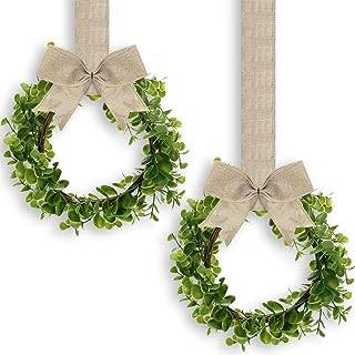 Photo 1 of 2 Pieces Faux Kitchen Cabinet Wreaths Christmas Boxwood Wreaths with Orange Ribbon Artificial Green Leaves Wreaths Decorative Christmas Hanging Wreaths for Cabinet Wall Window Front Door Decors