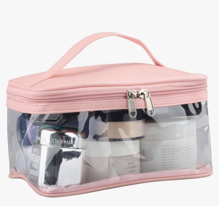 Photo 1 of HAOGUAGUA Heavy Duty Clear Large Makeup Bag with Internal Pocket, Waterproof Cosmetics Bag for Travel or Home Use, Transparent PVC Toiletry Storage Carry Pouch with Handle (Pink)