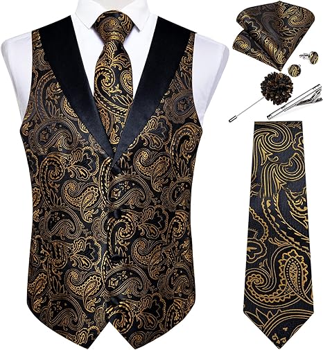 Photo 1 of DiBanGu Mens Paisley Suit Vest Silk Jacquard Waistcoat and Necktie Set Shawl Collar Dress Vest 7PCS for Tuxedo Wedding Party
