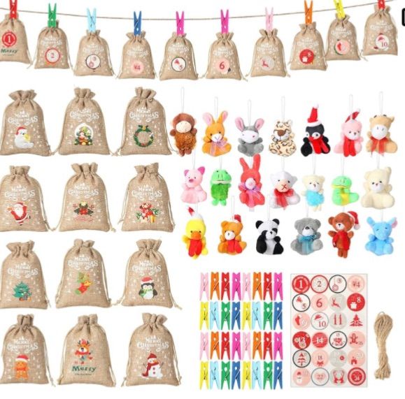 Photo 1 of 75 Pcs Christmas Advent Calendar Bags Christmas Countdown Gift Bags 24 Days Burlap DIY Craft Set with 24 Stuffed Animal Toys Sticker Colored Wooden Clip Jute Rope for Xmas Hanging Decoration