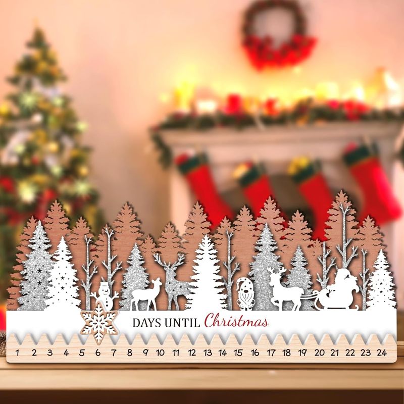 Photo 1 of GuassLee Christmas Advent Calendar Table Decoration - Wood Winter Christmas Table Centerpiece Calendar Countdown for Winter Wonderland Xmas Party Supplies Holiday Home Decor 1 Winter Christmas Advent Decor