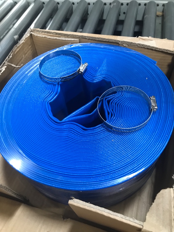 Photo 2 of 1-1/2" x 100' Professional Blue Backwash Hose with Clamps, General Purpose Reinforced PVC Lay-Flat Water Discharge Hose,for Use While Back-Washing Filters and Draining Pools