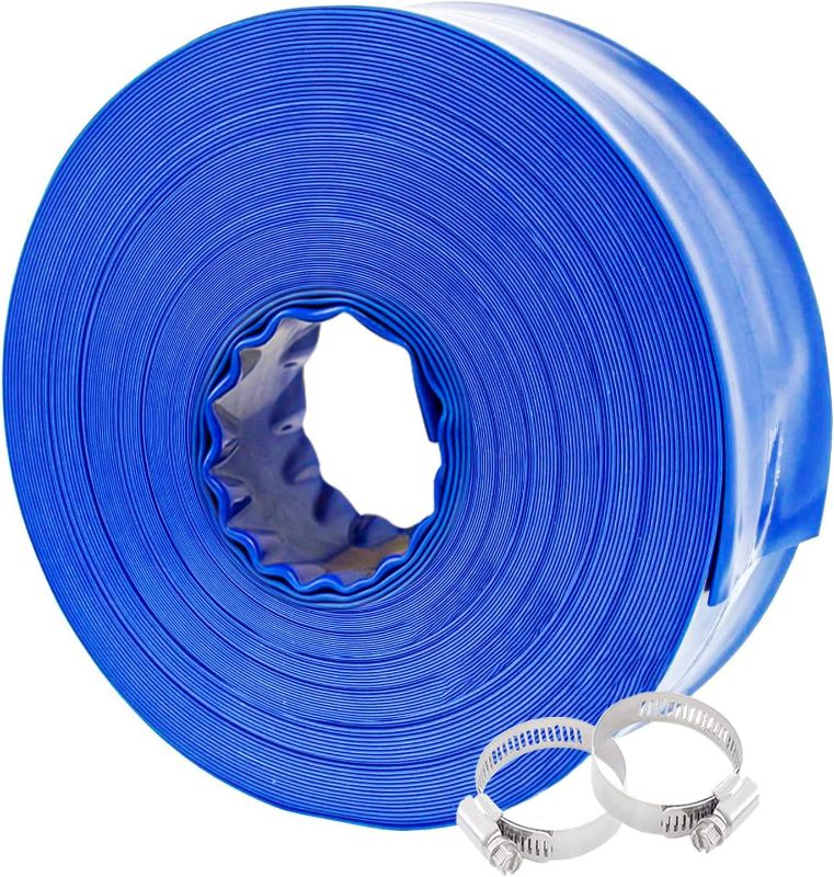 Photo 1 of 1-1/2" x 100' Professional Blue Backwash Hose with Clamps, General Purpose Reinforced PVC Lay-Flat Water Discharge Hose,for Use While Back-Washing Filters and Draining Pools