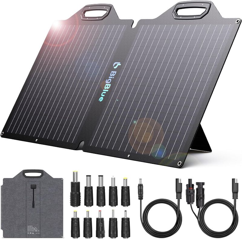 Photo 1 of BigBlue 100W ETFE Portable Solar Panels with Kickstands, IP65 Waterproof Solar Panel Charger(19.8V/5.05A) with SAE and MC-4 Cable for Jackery Explorer/BALDR/Goal Zero Power Station, Outdoor Camping