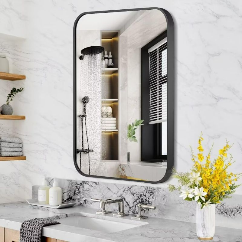 Photo 1 of ***USED - NO PACKAGING***
Bathroom Mirrors for Wall Vanity,Black Framed Makeup Mirror,Round Horn Rectangle Brushed No Punching Mirror,Wall-Mounted and Anti-Rust Large Aluminum Alloy Mirror for Entryway 16"*24" Black 16"*24"The seamless one-piece mirror