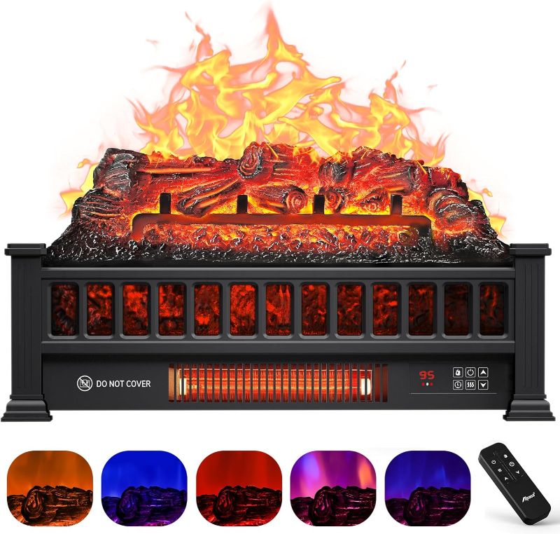 Photo 1 of Electric Fireplace Logs 20-Inch, Remote Controller Fireplace Insert Log Heater, Adjustable Flame Colors, Realistic Fake firewood Flame, Overheat Protection, Timer, Thermostat, 1500W Black