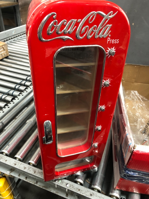 Photo 1 of **READ CLERK COMMENTS FOR ISSUES** Coca-Cola Retro Vending Machine Style 10 Can Mini Fridge with Display Window, AC/DC Portable Beverage Cooler for Soft Drink Cans, Includes 12V and AC Cords, for Home Office Dorm Cottage, Red