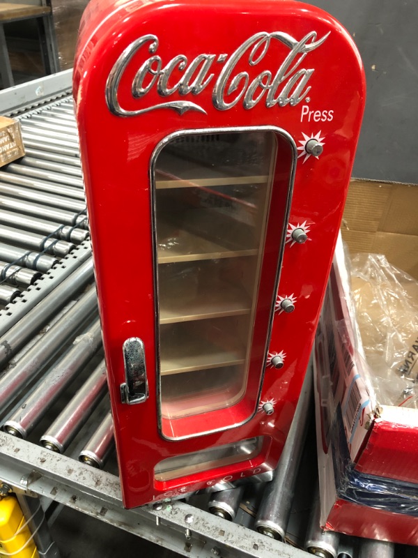 Photo 1 of **WON'T TURN ON DOOR WILL NOT CLOSE ALL THEW WAY AND MINOR SMALL SCRATCHES**Coca-Cola Retro Vending Machine Style 10 Can Mini Fridge with Display Window, AC/DC Portable Beverage Cooler for Soft Drink Cans, Includes 12V and AC Cords, for Home Office Dorm C