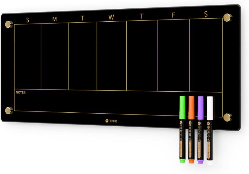 Photo 1 of Black Glass Golden Weekly Dry Erase Calendar Whiteboard for Wall, to Do List & 7 Days Planner White Board for Home Office, 23x9.5", 4 Wet Erase Markers Included, Yeoux Black. Weekly-23" x 9.5"