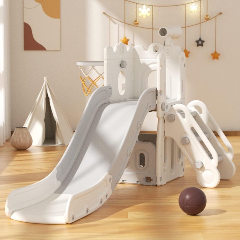 Photo 1 of 5 in 1 Toddler Slide, Kids Climber Slide with Basketball Hoop and Ball, Indoor Outdoor Playset for Toddlers Age 1-3 (White Gray)
