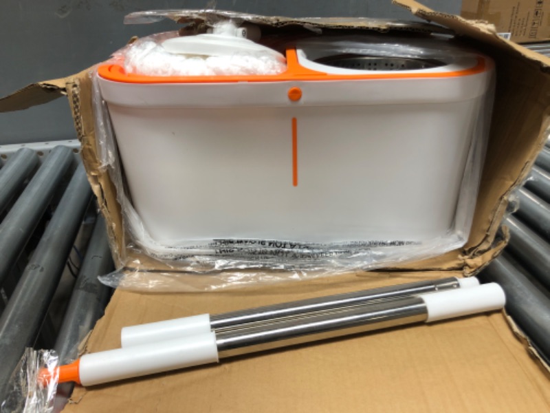 Photo 1 of Floor Spin Mop and Bucket Set with Wringer System Extended Stainless Steel Handle 61?for Home Floor Cleaning Use with 5 Replacement Head Refill and 1 Cleaning Brush Head White & Orange