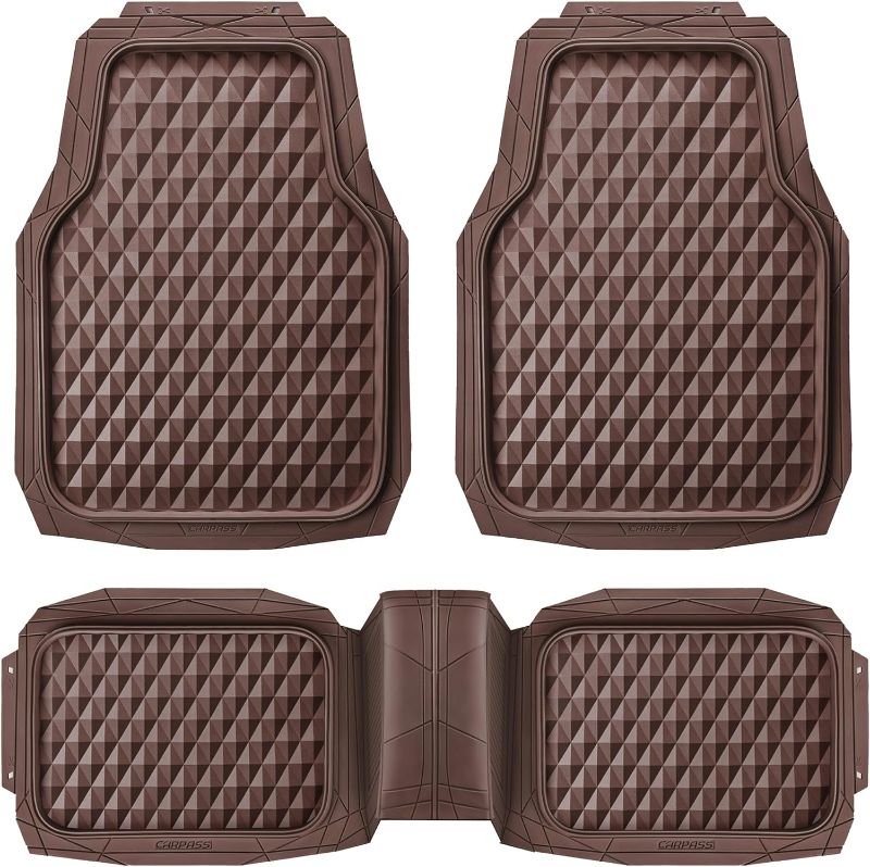 Photo 1 of CAR PASS Heavy Duty Rubber Car Mats, Deep Dish All-Weather Floor Mat for Car Full Set Durable Anti-Slip 3D Rhombus Waterproof Trim to fit Liner Universal Fit Automotive,Sedan,SUV,Truck, 3 Piece Brown