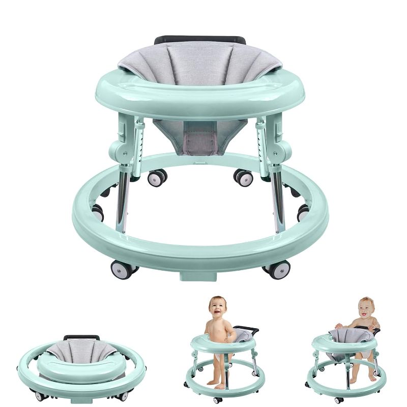 Photo 1 of Baby Walker with Wheels, Activity Center with Mute Wheels Anti-Rollover, 5-Position Height Adjustable Foldable Baby Walker for Boys and Girls from 6-18 Months with Footrest Green