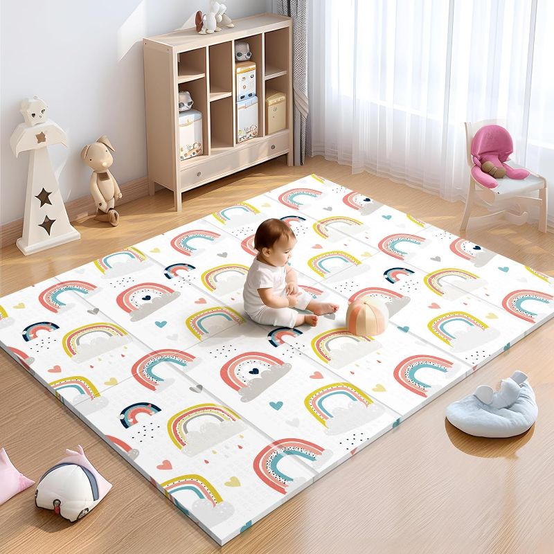 Photo 1 of Baby Play Mat, 71x79 Inches Foldable Play Mat, Non-Toxic Waterproof Playmat for Babies and Toddlers Kids, Reversible Baby Crawling Mat for Indoor & Outdoor, Foam Play Mat for Baby Rainbow