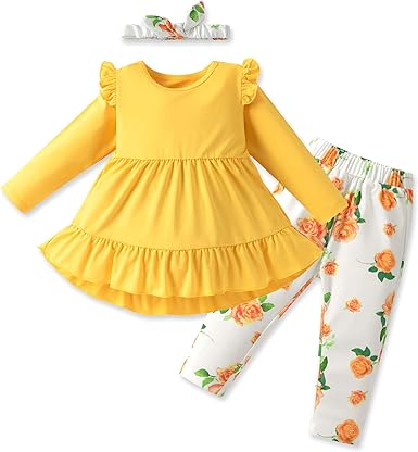 Photo 1 of **Its PINK not Yellow** **Stock pic is just an example**  Yhnslsf Baby Girl Clothes Infant Toddler Outfits For Girl Ruffle Tops Floral Pants Set Toddler Clothes For Girls 2-3Y PINK