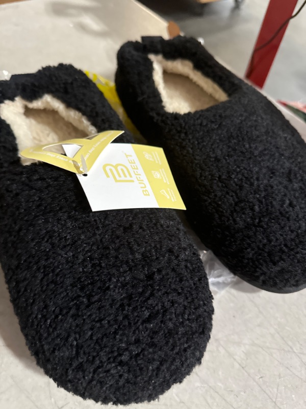 Photo 2 of Buffeet Women's Cozy Fuzzy Slippers Warm Memory Foam Closed Back House Shoes with Indoor Outdoor Anti Skid Rubber Sole 10 Dull Black