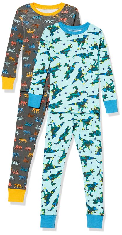 Photo 1 of Amazon Essentials Unisex Babies, Toddlers and Kids' Snug-Fit Cotton Pajama Sleepwear Sets 2 Blue Dinosaur/Dark Grey Tiger XL 