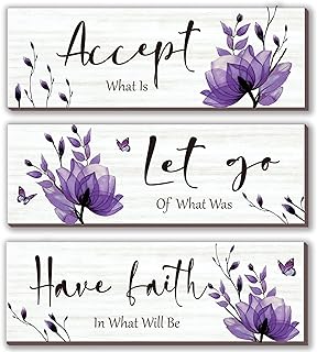 Photo 1 of 3 Pcs Flower Wall Decor Inspirational Wooden Wall Art Motivation Quotes Sign Bathroom Decor Elegant Wall Hanging Living Room for Bedroom Office (Purple, 16 x 5 Inch)