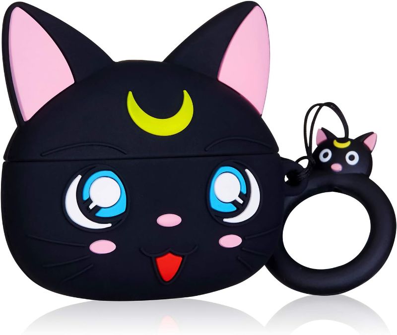 Photo 1 of Jowhep Case for AirPod Pro 2019/Pro 2 Gen 2022 Cartoon Design Cute Silicone Cover with Keychain Funny Soft Protective Skin for Air Pods Pro Girls Boys Kawaii Shell Cases for AirPods Pro Black Luna Cat