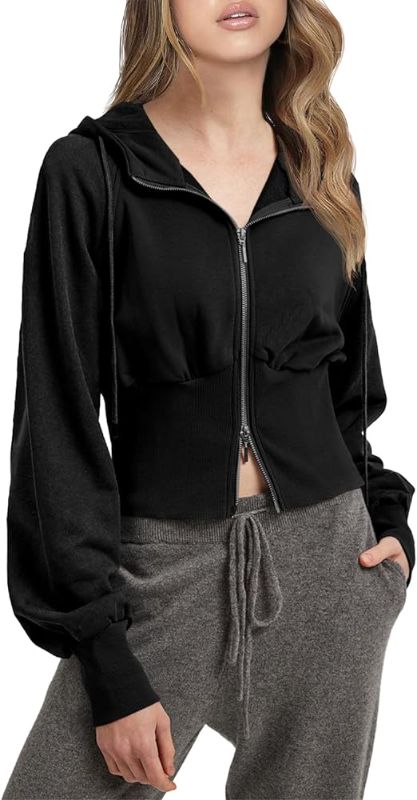 Photo 1 of Aurgelmir Women's Cropped Zip Up Hoodies Long Sleeve Drawstring Sweatshirts Casual Fall Lightweight Jackets Large Black