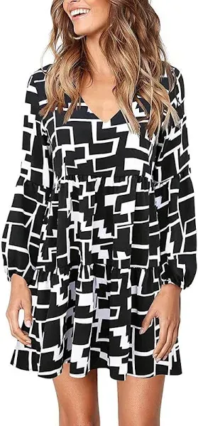 Photo 1 of Cosonsen Womens Printed Swing Shift Dress Long Sleeve V Neck Tunic Dress MEDIUM 