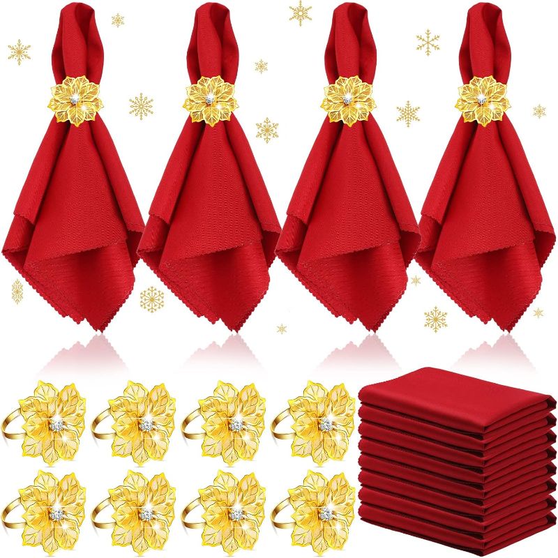 Photo 1 of 16 PCS Christmas Napkins and Ring Set 8 PCS Red Washable Christmas Napkins Cloth and 8 PCS Christmas Napkin Rings Holder for Christmas Holiday Dinner Party Table Decoration (Poinsettia)