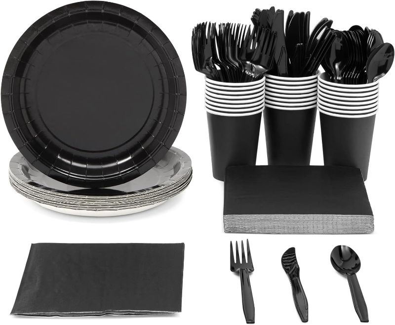 Photo 1 of  Black Party Supplies Dinnerware Set with Plates, Napkins, Cups, and Cutlery for Banquets and Graduation