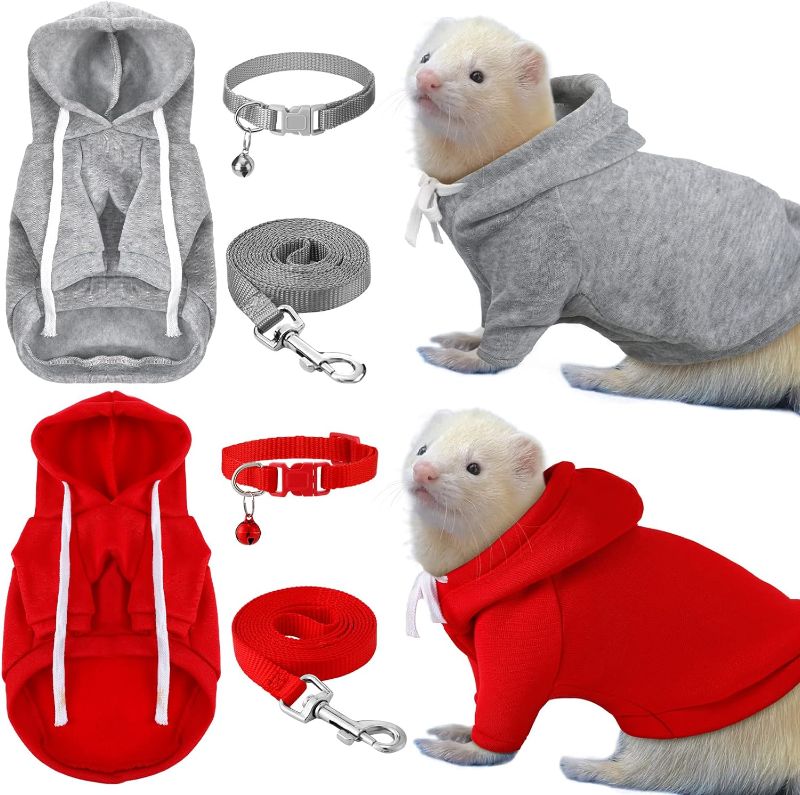 Photo 1 of Foaincore 6 Pcs Ferret Clothes Accessories, Include Ferret Harness and Leash Set Safe Ferret Collar Bell Small Soft Ferret Sweatshirt for Guinea Pig Hamster Chinchilla Teacup Chihuahua, Grey and Red