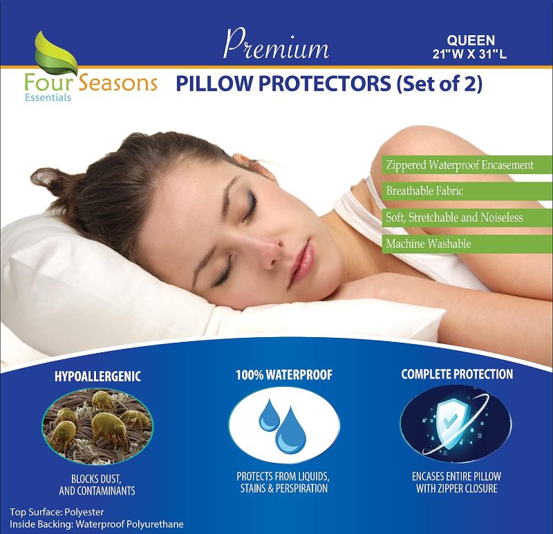 Photo 1 of 
Queen Size Waterproof Pillow Protectors (Set of 2) – Zippered Hypoallergenic Pillowcase Cover Allergen Dust Proof Encasement