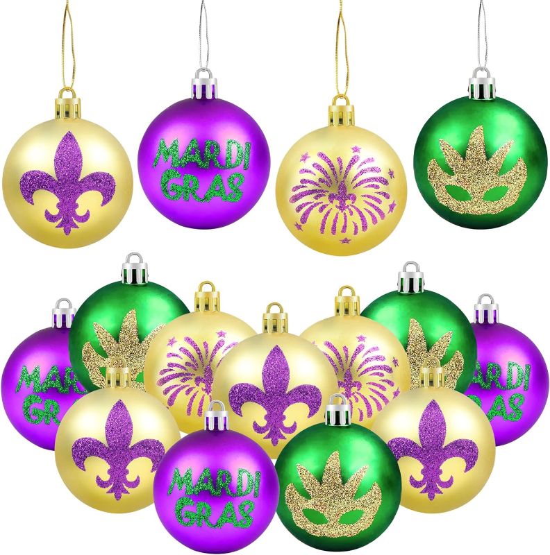 Photo 1 of 12PCS Mardi Gras Ball Ornaments - ?2.36" Glitter Purple Green Gold Home Tree Baubles Ornaments - Mardi Gras Shatterproof Hanging Ball - Mardi Gras Decorations for New Orleans Masquerade Party Decor