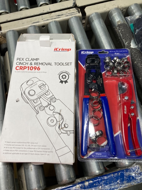 Photo 1 of iCRIMP Ratchet PEX Cinch Tool with Removing function for 3/8 to 1-inch Stainless Steel Clamps with 20PCS 1/2-inch and 10PCS 3/4-inch PEX Clamps and Pipe Cutter- All in One