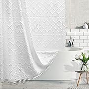 Photo 1 of Dynamene Extra Long Shower Curtains, 84 Inches Long Boho Tufted Geometric Striped Fabric Shower Curtains for Bathroom, Tall Shabby Chic Waterproof Cloth Shower Curtain Set with Hooks, White, 72x84