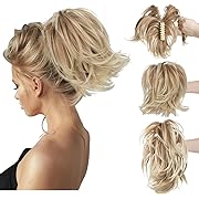 Photo 1 of CJL HAIR Claw Clip Short Ponytail Hair Extensions Bendable Metals Messy Bun Hair piece Wavy Curly Fake Hairpieces (Gloden Blonde and Beach Blonde Tips, Straight,8inch)