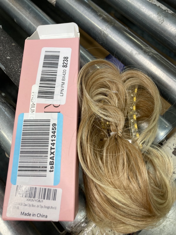 Photo 1 of CJL HAIR Claw Clip Short Ponytail Hair Extensions Bendable Metals Messy Bun Hair piece Wavy Curly Fake Hairpieces (Gloden Blonde and Beach Blonde Tips, Straight,8inch)
