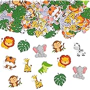 Photo 1 of 300 Pieces Jungle Animal Confetti, Zoo Shaped Glitter Woodland Leaves Confetti Table Decorations for Wild One Baby Shower Birthday Party Favors Supplies