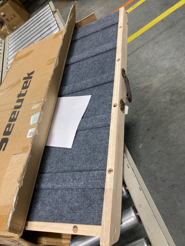 Photo 1 of Seeutek Dog Ramp Wooden Folding Pet Cat Ramp with Non-Slip Mat, 40" Long and 6 Levels Adjustable from 11" to 24", Up to 200 Lbs, with Dog Sling and Safety Side Rails, for Small and Older Animals Polyester