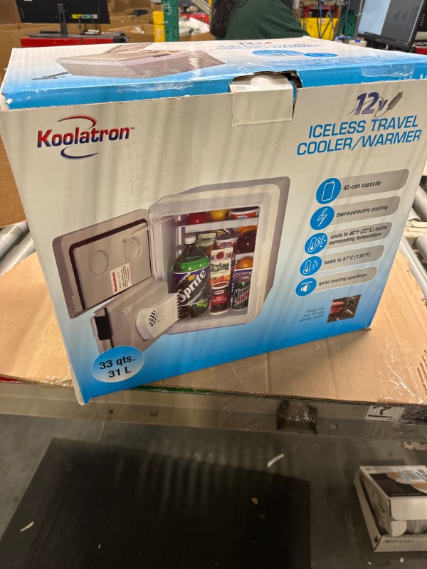 Photo 2 of **FOR PARTS**Koolatron Electric Portable Cooler Plug in 12V Car Cooler/Warmer, 33 qt (31 L),No Ice Thermo Electric Portable Fridge for Camping, Travel Road Trips Trucking with 12 Volt DC Power Cord, Gray/White.