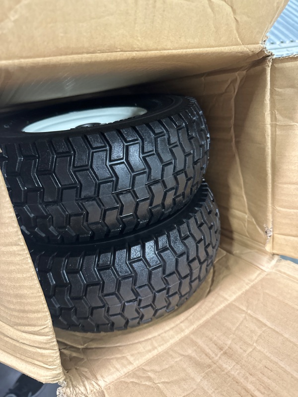 Photo 2 of 2-Pack 13x5.00-6 Flat-Free Tire with Rim,3"Centered Hub with 3/4" Bushings,w/Grease Fitting?400lbs Capacity,13x5-6 No-Flat Solid Rubber Turf Wheel,for Riding Lawn mower,Garden Cart,Wheelbarrow
