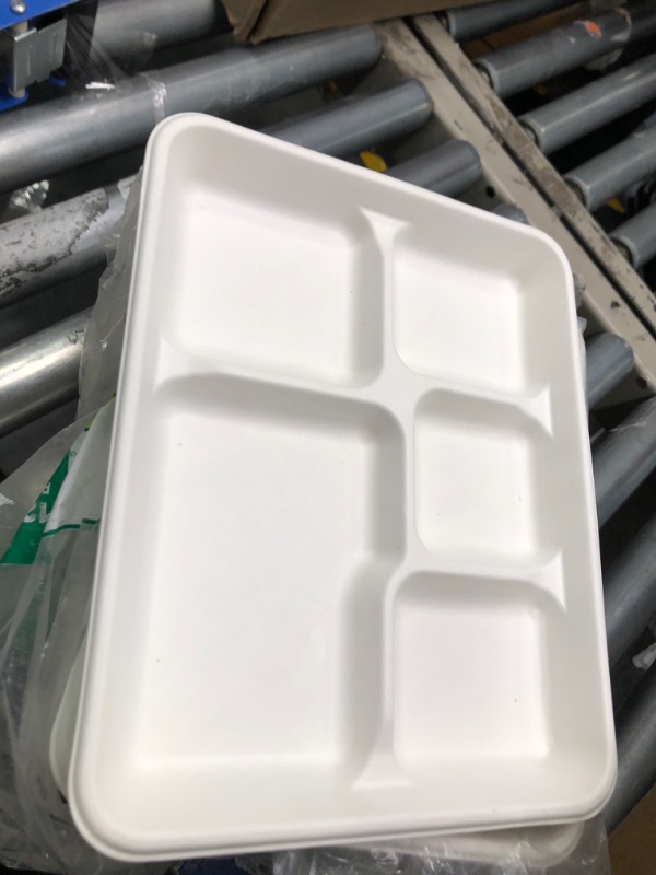 Photo 1 of 100% Compostable 5-Compartment School Lunch Tray Count - Made of Sugar Cane Fiber Bagasse - Food Tray (Packed 4x125 Case) ***USED**** 