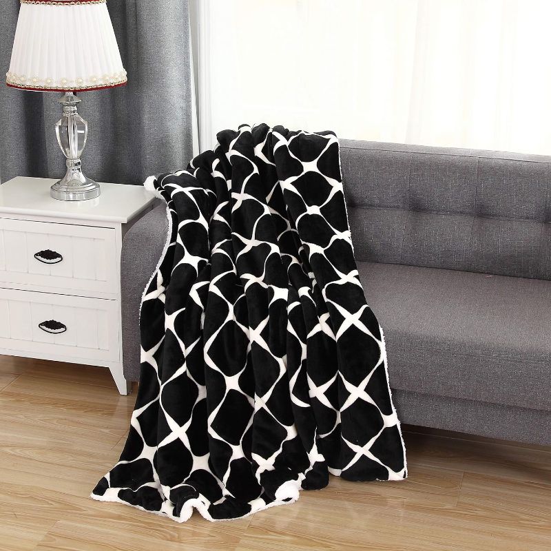 Photo 1 of Elegant Comfort Reversible, Printed Sherpa Throw Blanket, All-Season Blanket- Super Soft, Cozy and Plush- Decorative Throw, Perfect for Lounging, 50 x 60 inches, Bloomingdale, Sherpa Throw Black
