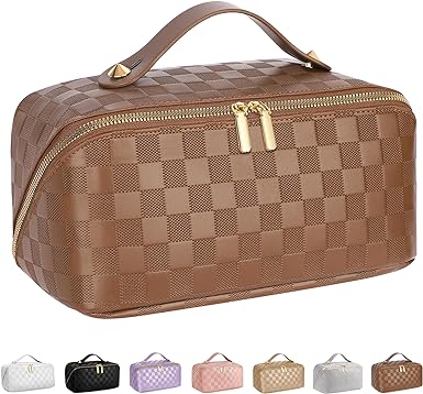 Photo 1 of ALEXTINA Large Capacity Travel Cosmetic Bag - Portable Makeup Bags for Women Waterproof PU Leather Checkered Makeup Organizer Bag with Dividers and Handle,Toiletry Bag for Cosmetics